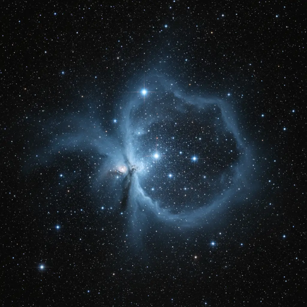 The Pleiades star cluster showing bright blue stars and reflection nebula