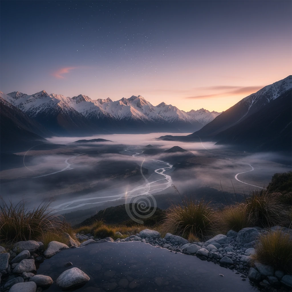 Matariki rising over the New Zealand Southern Alps at dawn