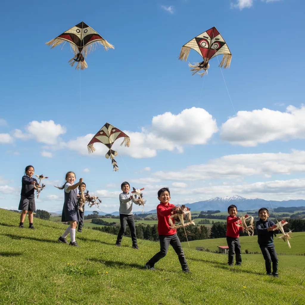 Primary students flying traditional manu tukutuku kites