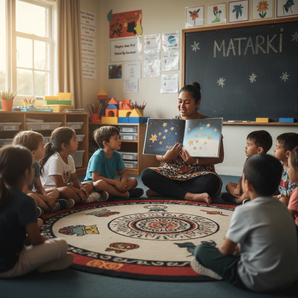 Teacher reading a Matariki story to primary students