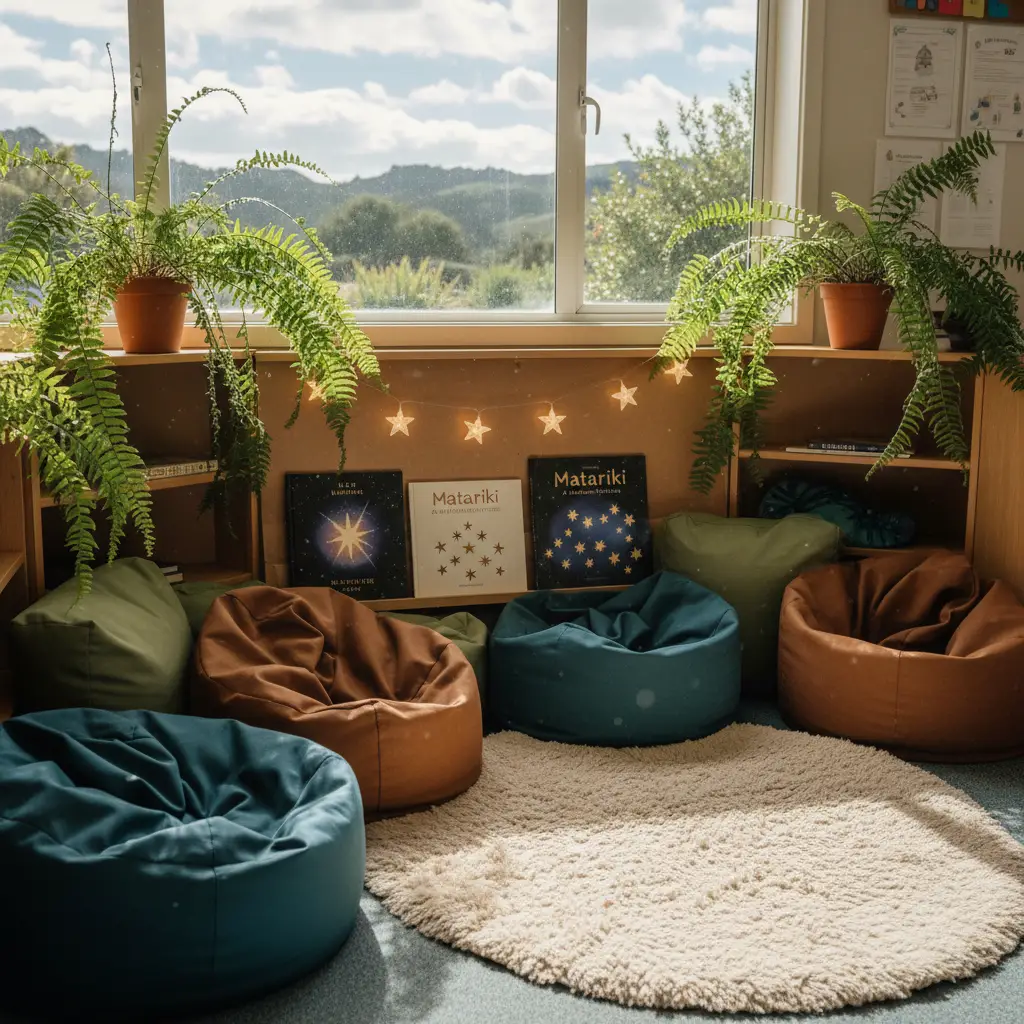 Cozy reading corner in a classroom displaying Matariki picture books