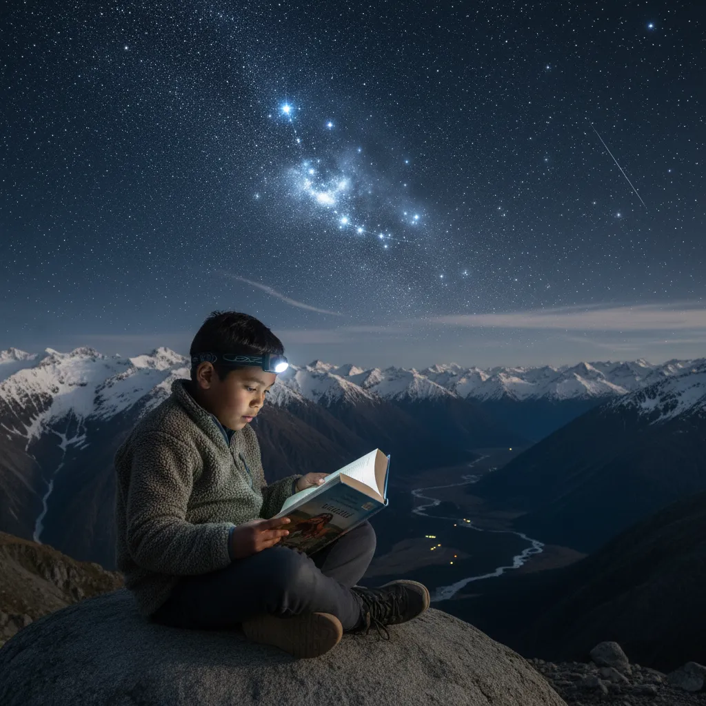 Child reading a book under the Matariki stars in New Zealand