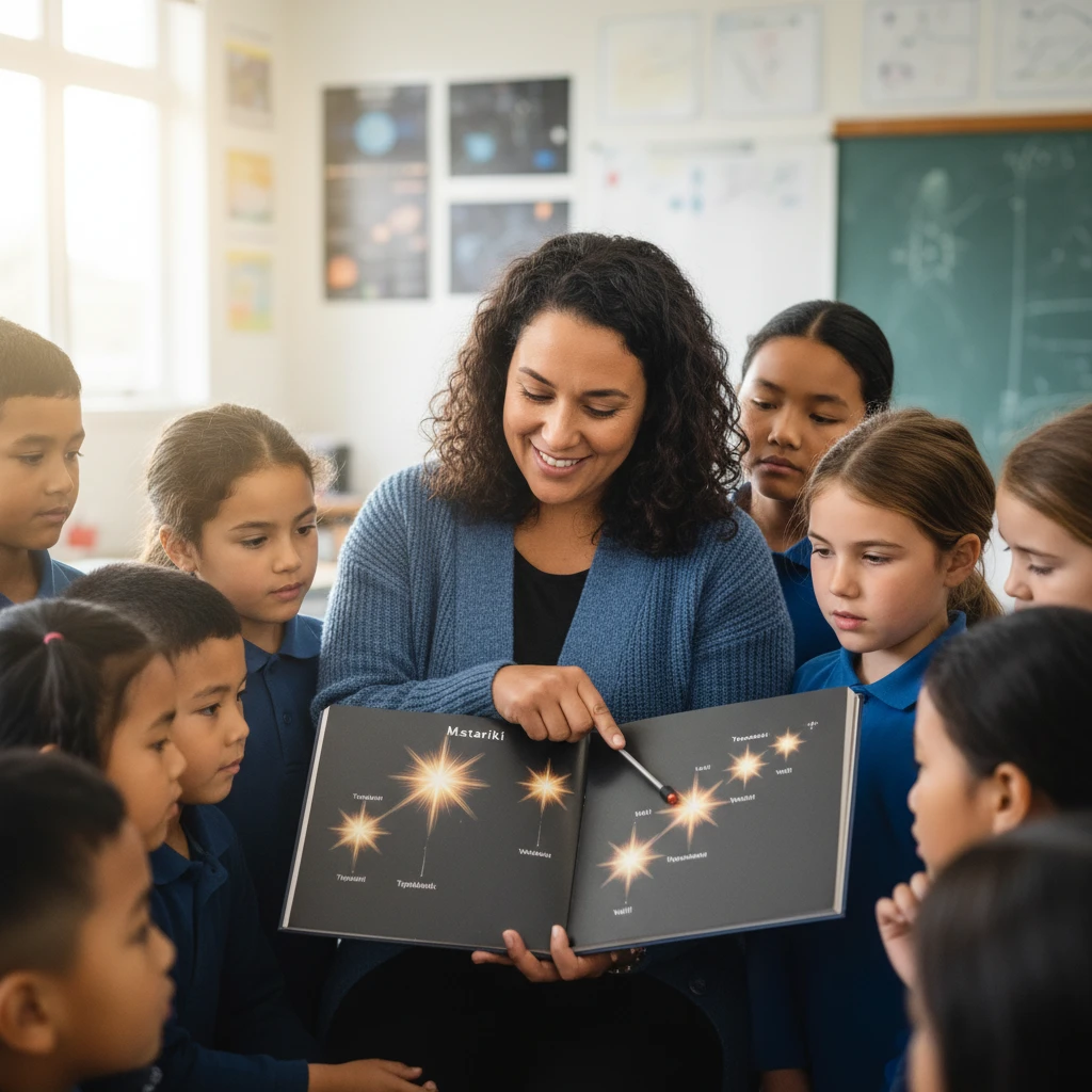 Teacher explaining Matariki astronomy using a reference book