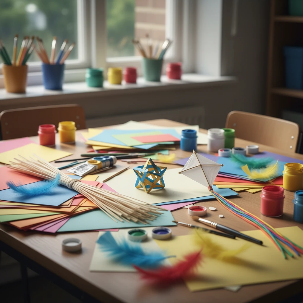 Assortment of materials for easy Matariki crafts for kids including flax and paper