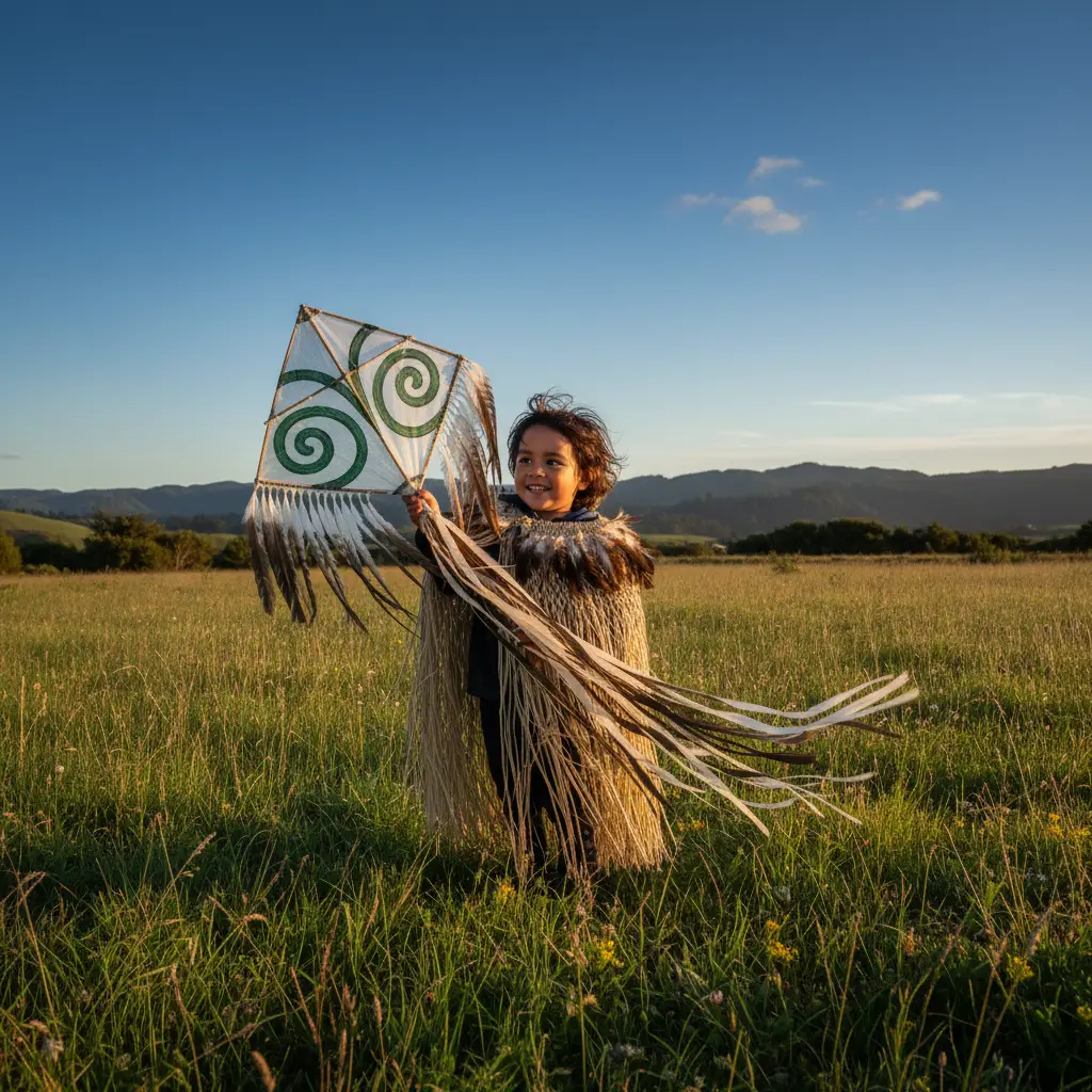 Child holding a handmade Manu Tukutuku kite for Matariki celebrations