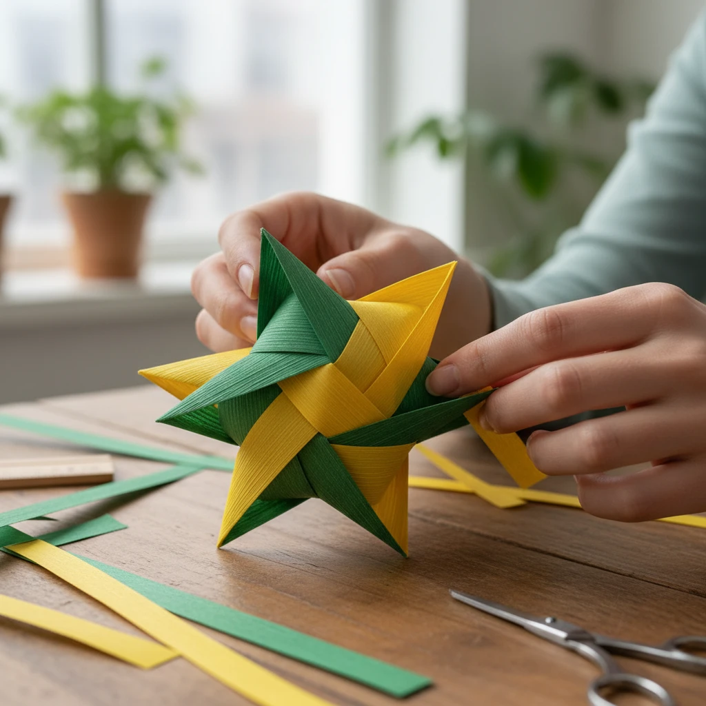 Close up of weaving a paper star mimicking traditional Harakeke methods