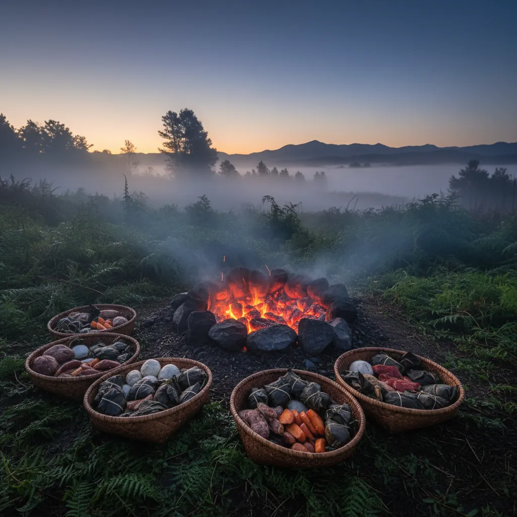 Preparation of the umu kohukohu with hot stones