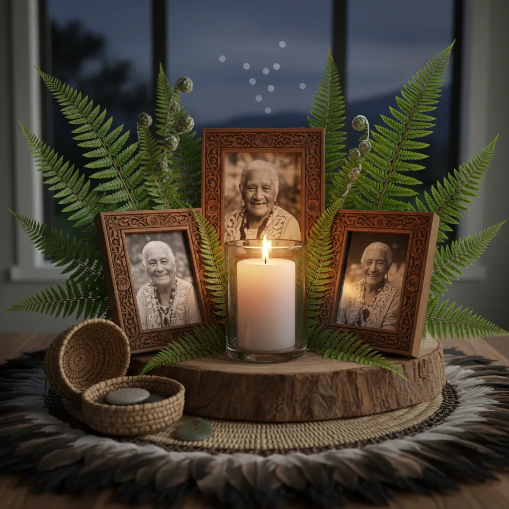 A household remembrance altar with photos and candles for Matariki
