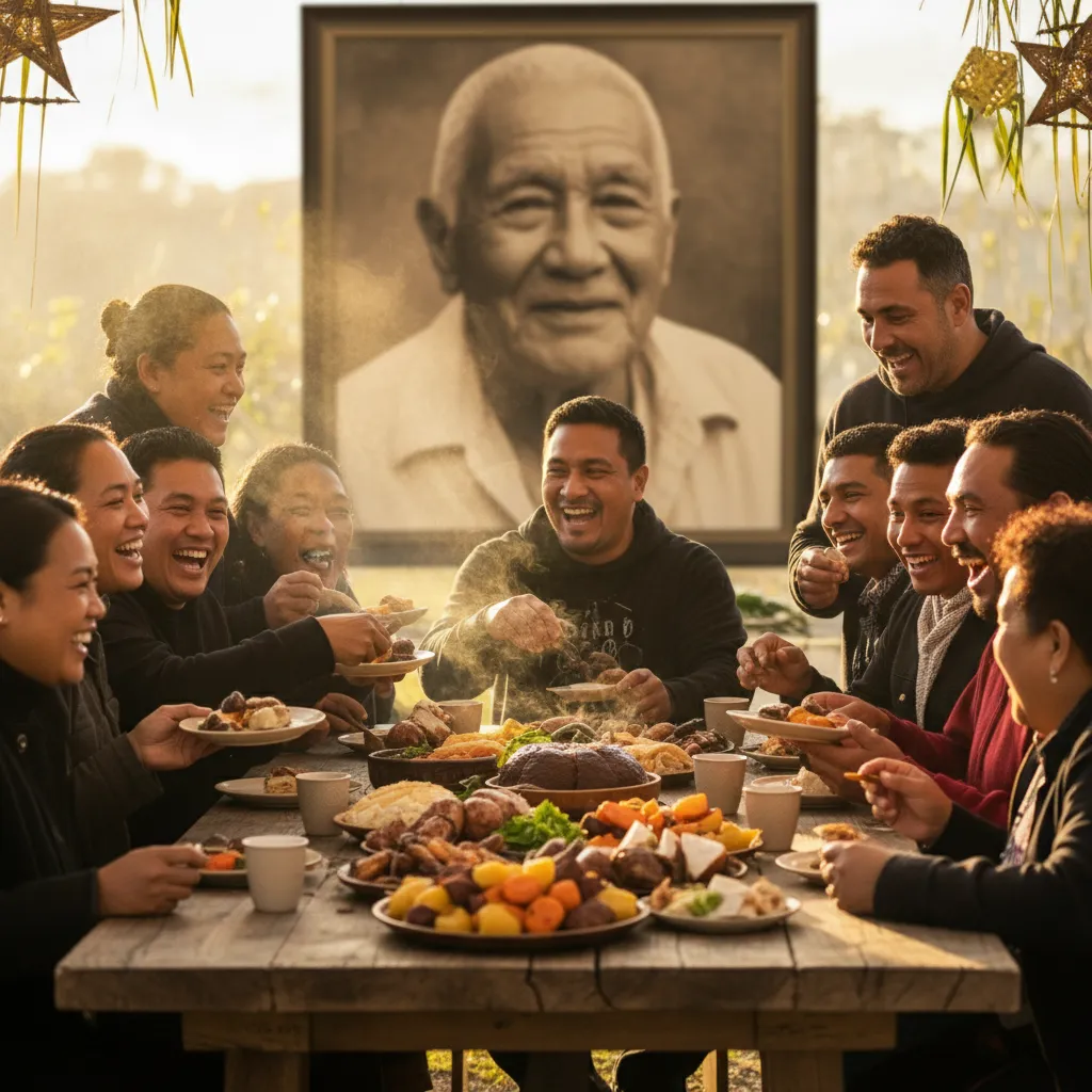 Whānau sharing a meal and celebrating the New Year after the remembrance ceremony
