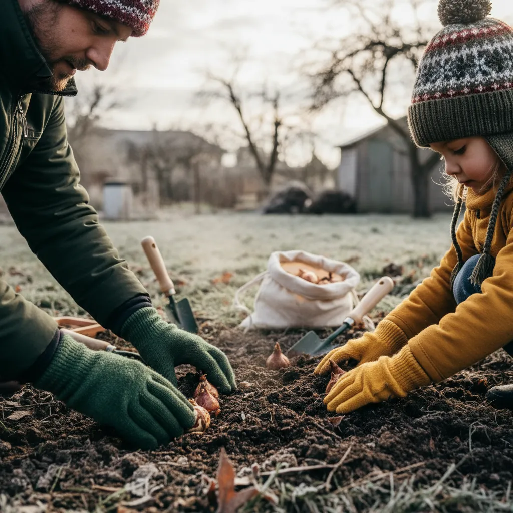 Parent and child preparing garden for Matariki planting