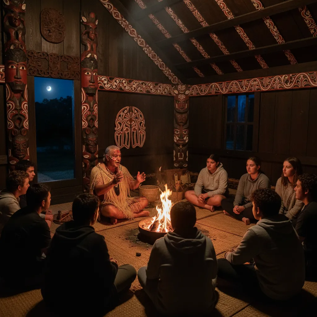 Māori elder teaching students during the Whiro moon phase