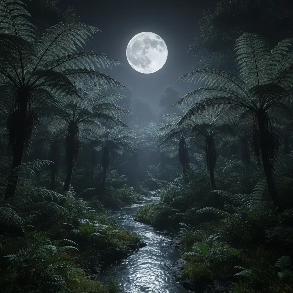 The moon in the Tangaroa phase shining over native NZ bush