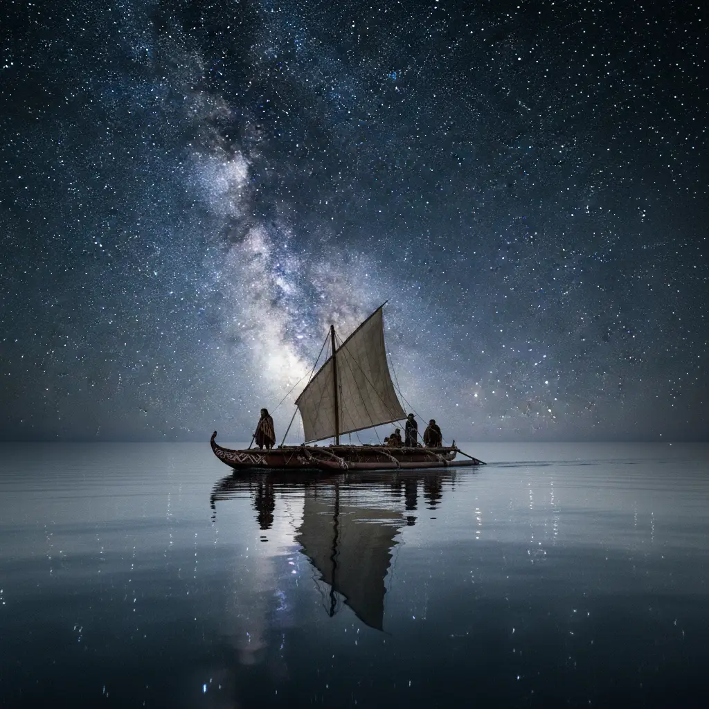 Māori waka navigating by the stars of Matariki