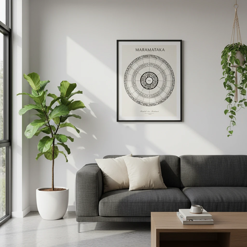 Framed Māori lunar calendar poster in a modern home setting