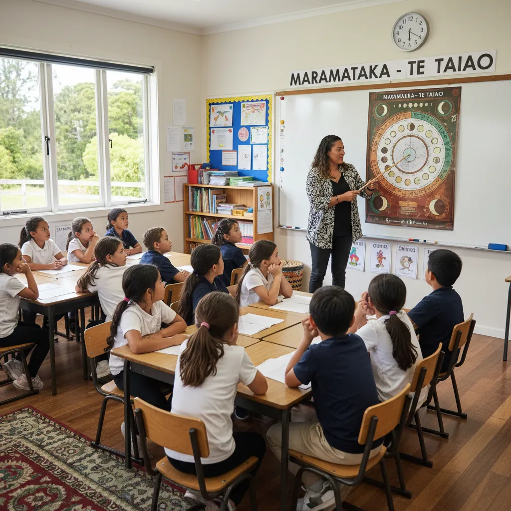Teacher using a Māori lunar calendar poster in a classroom
