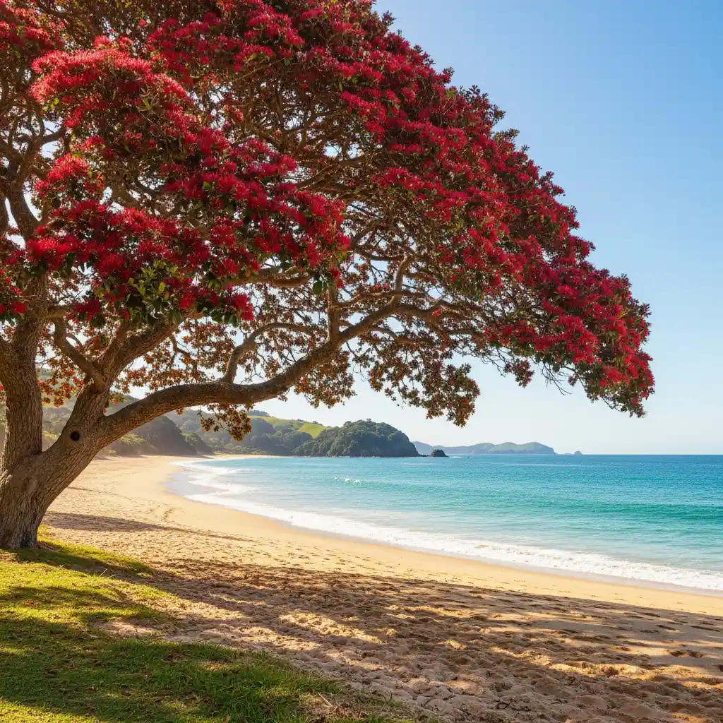 Pōhutukawa tree in bloom signaling summer weather