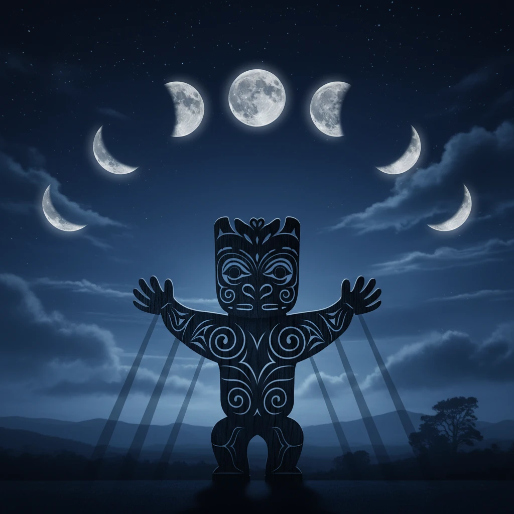 Māori carving silhouette against a starry night sky representing the Maramataka