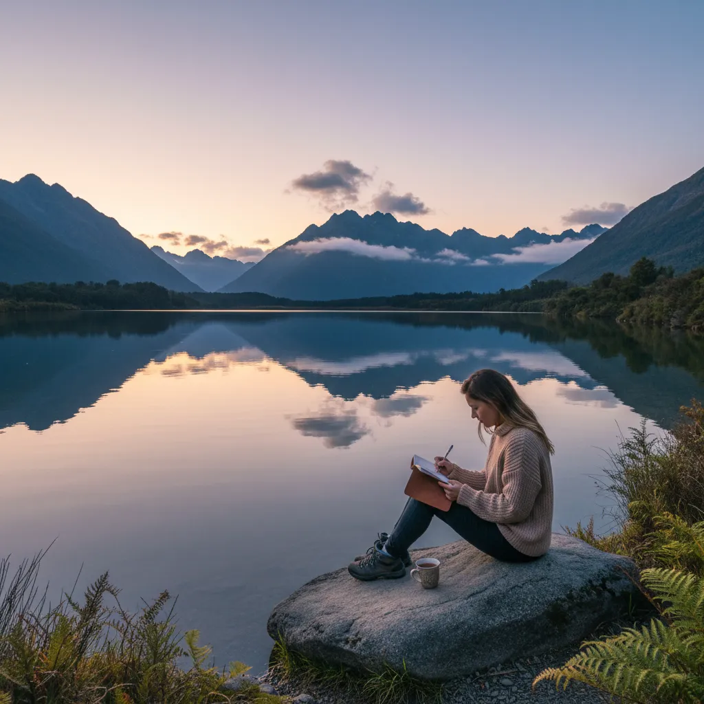 Woman journaling by a lake during a quiet lunar phase