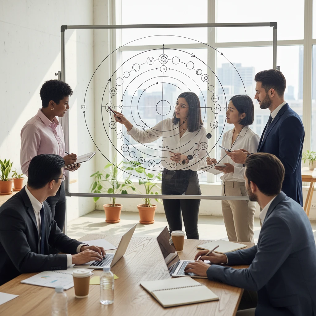Team collaborating in an office with a lunar calendar on the whiteboard