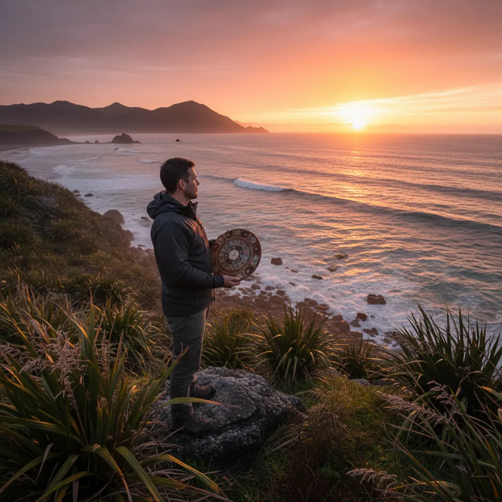 Person using a Maramataka dial on the coastline at sunrise