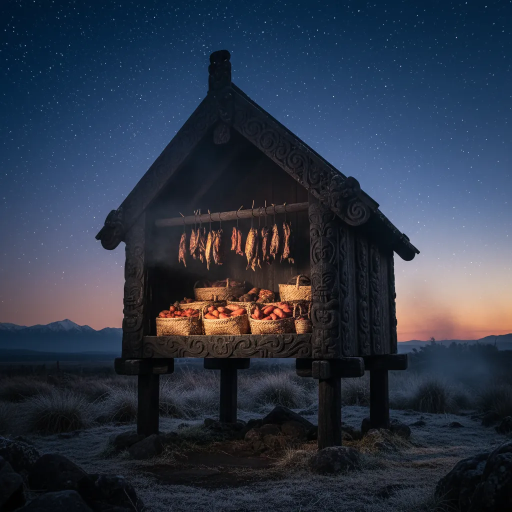 Traditional Maori Pataka storehouse filled with harvest food