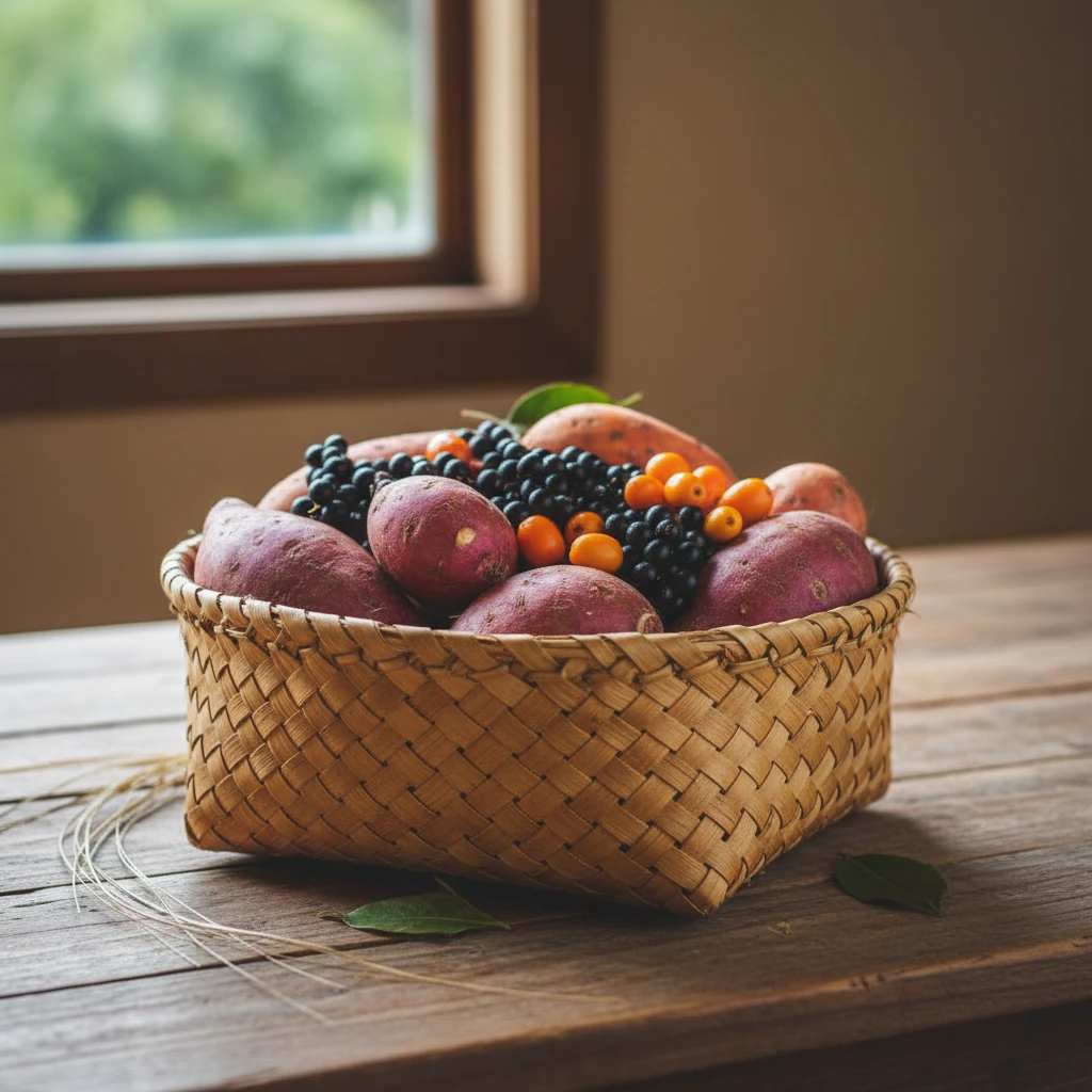 Basket of kumara and native berries representing Tupuānuku and Tupuārangi
