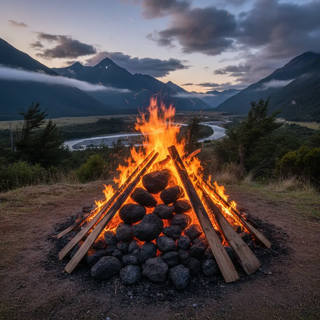 Hangi fire burning over volcanic stones in a pit