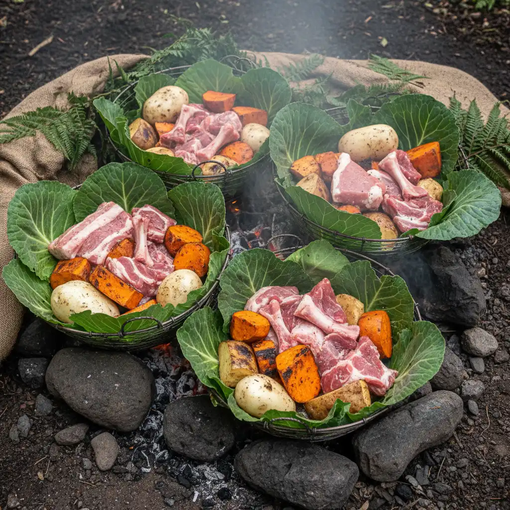 Wire baskets filled with meat and vegetables lined with cabbage leaves