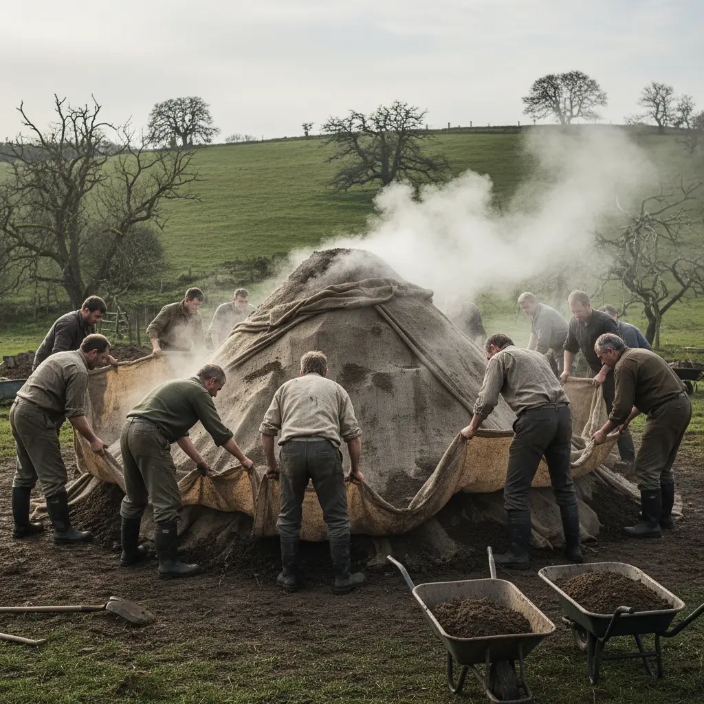 Men covering the hangi pit with wet sacks and earth