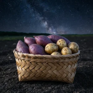 Basket of traditional Kūmara and Taewa root vegetables