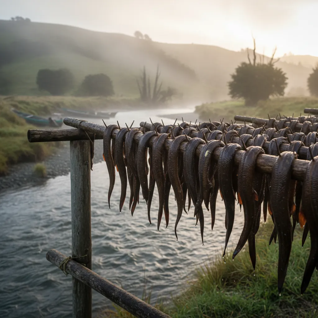 Traditional smoked eels drying on a rack