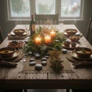 Rustic Matariki table setting with native ferns and candles