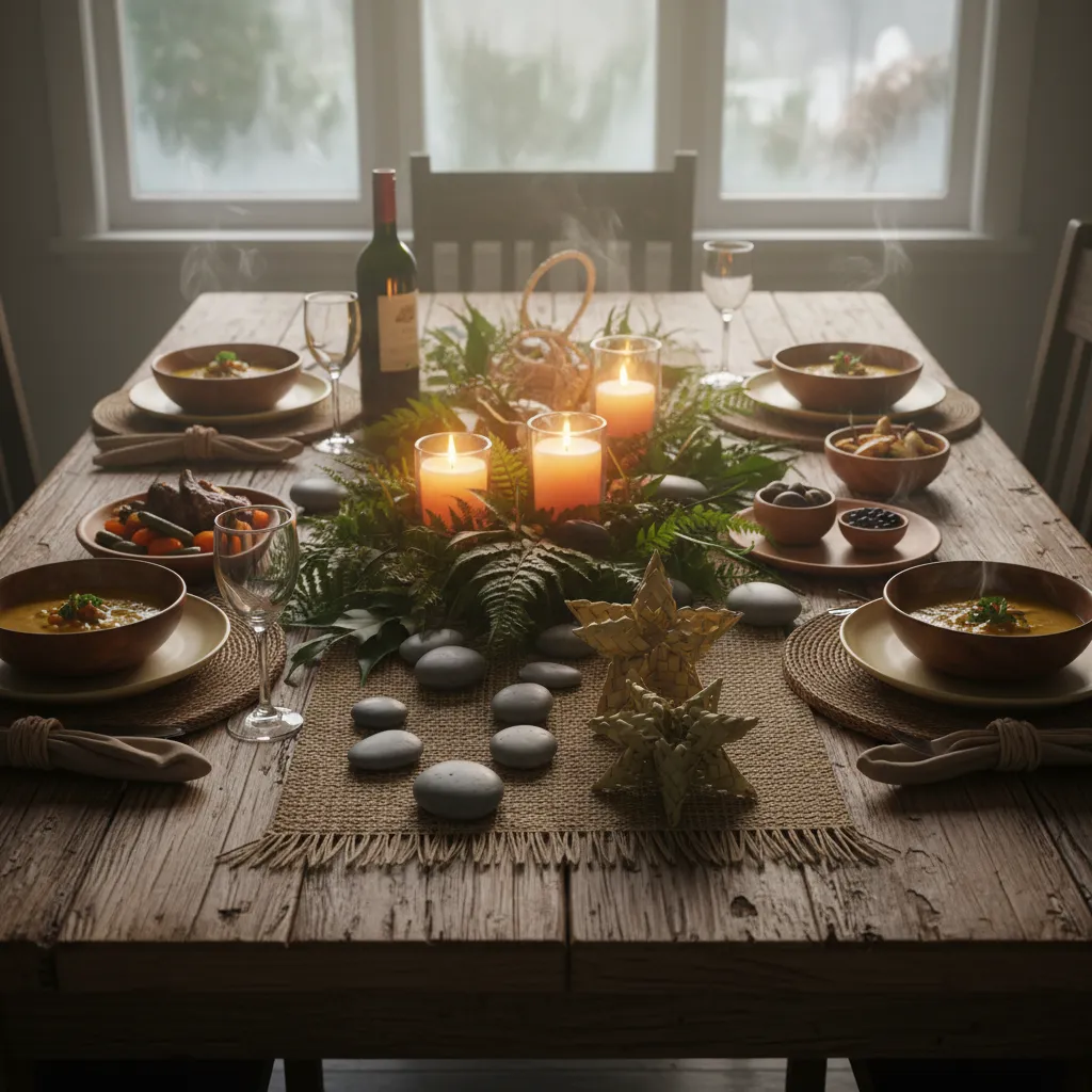 Rustic Matariki table setting with native ferns and candles