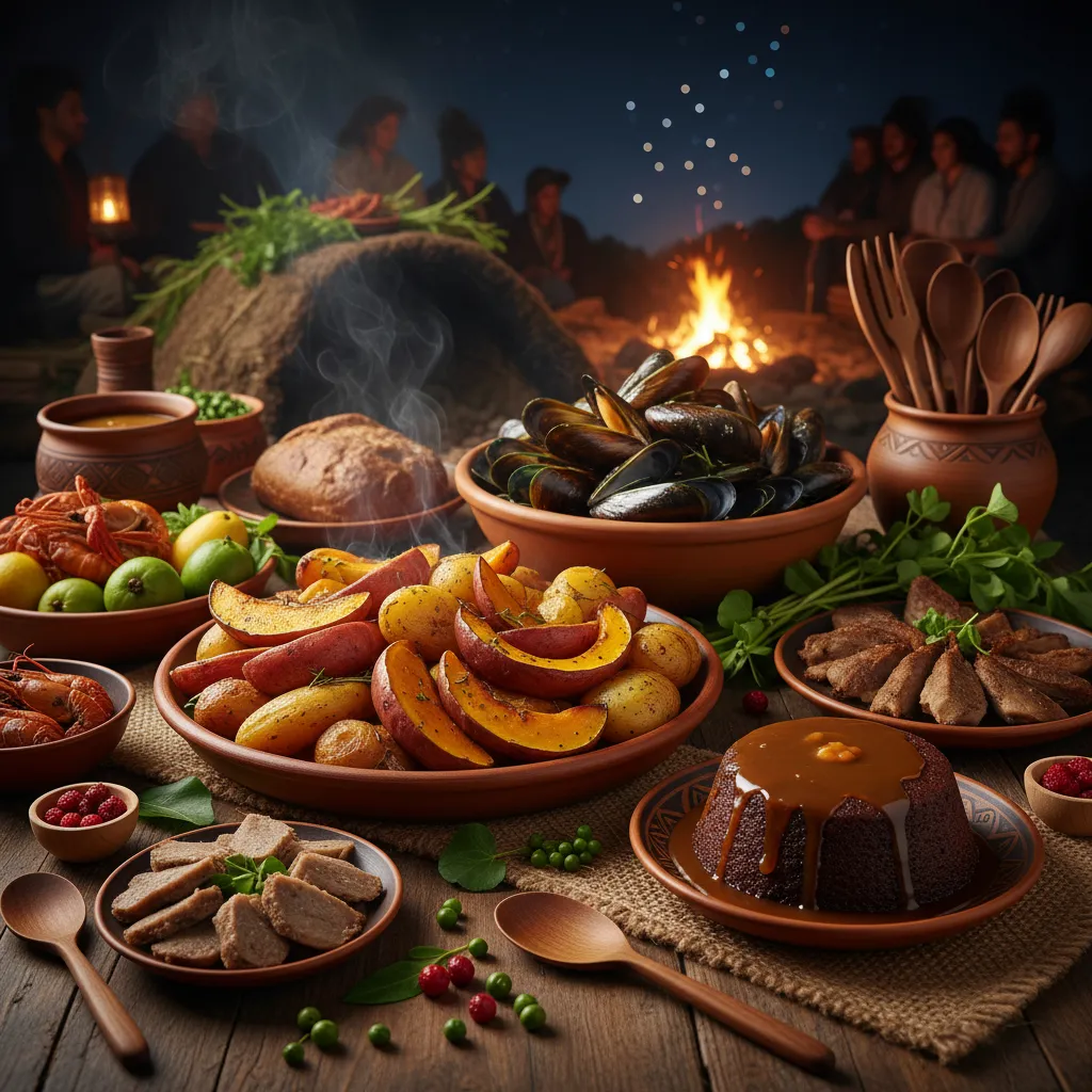 Traditional Māori feast with roasted root vegetables and seafood