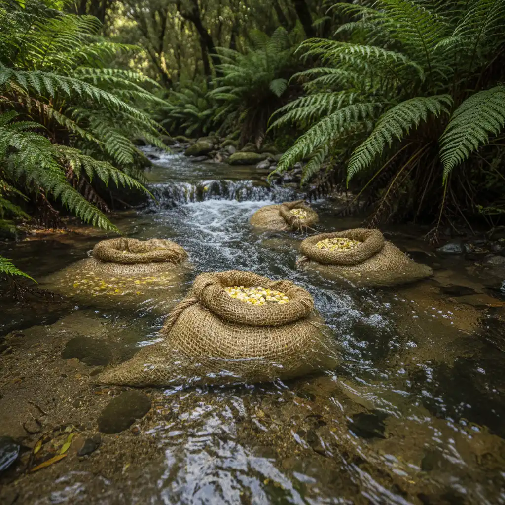Sacks of corn fermenting in a stream for Kanga Pirau