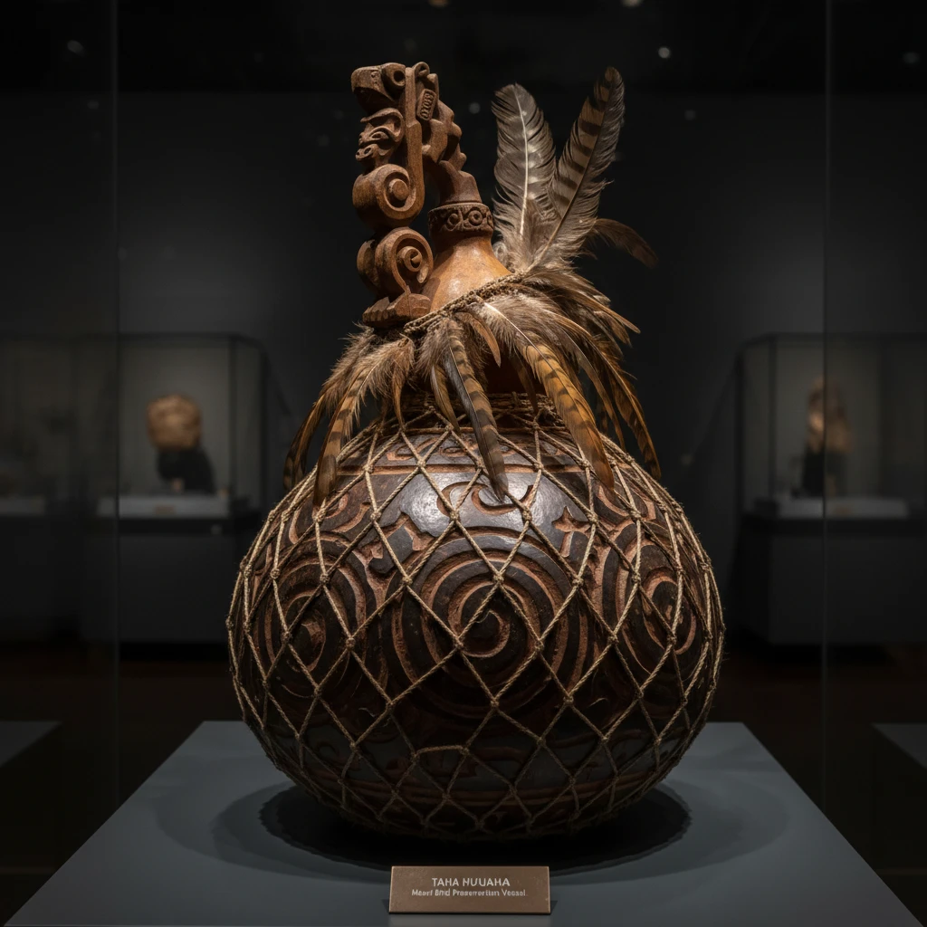 Carved Maori gourd vessel for preserving birds