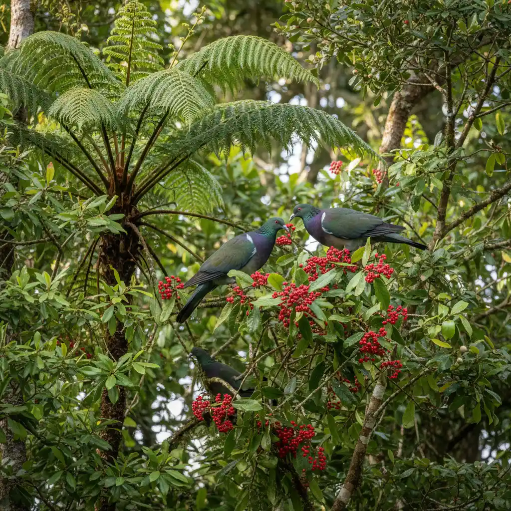 Native New Zealand birds and berries in a forest canopy representing Tupuārangi