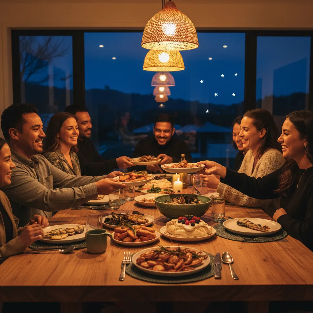 Whānau gathering for a Matariki feast with traditional foods