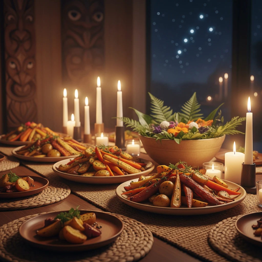 Modern Matariki feast table setting with roasted vegetables