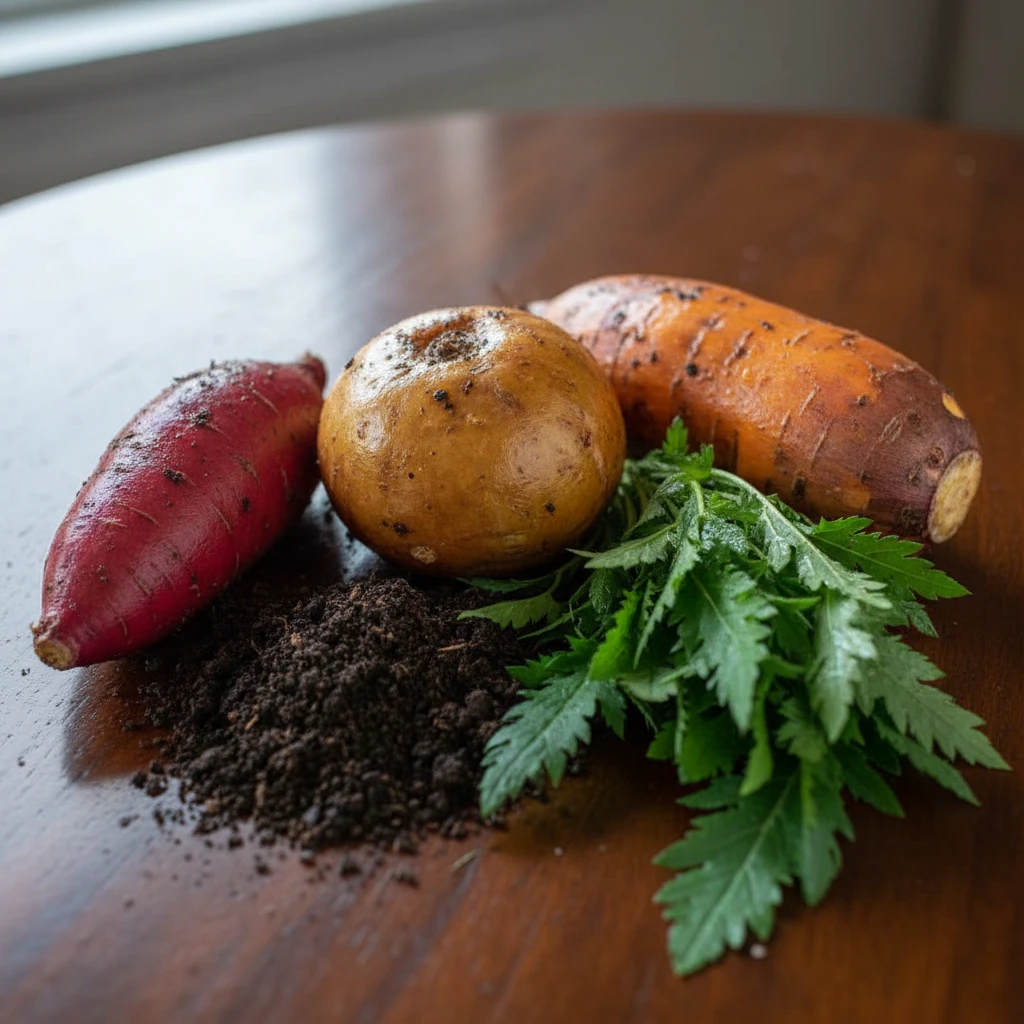 Varieties of New Zealand Kūmara and fresh Puha
