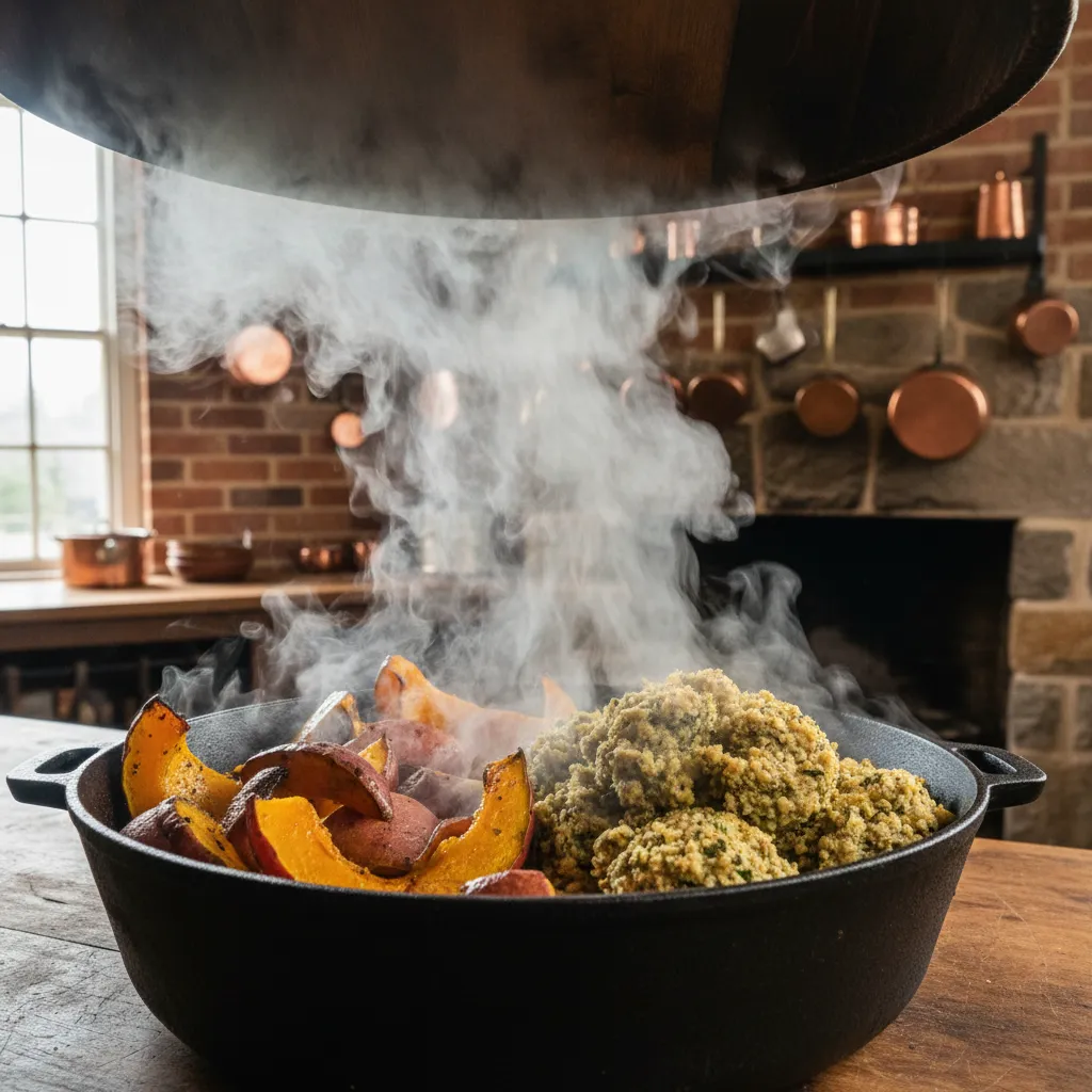 Steaming vegan oven hāngī with roasted vegetables