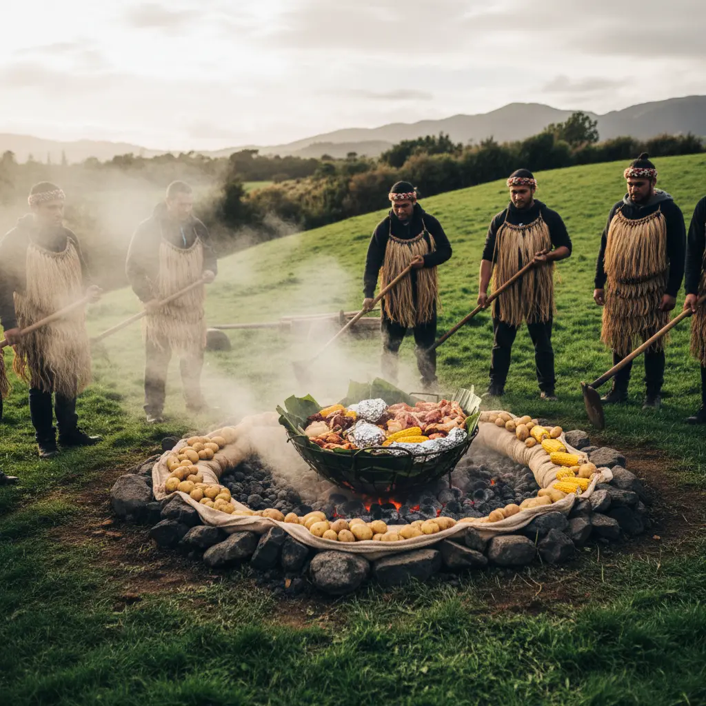 Steam rising from a traditional Hangi pit preparation