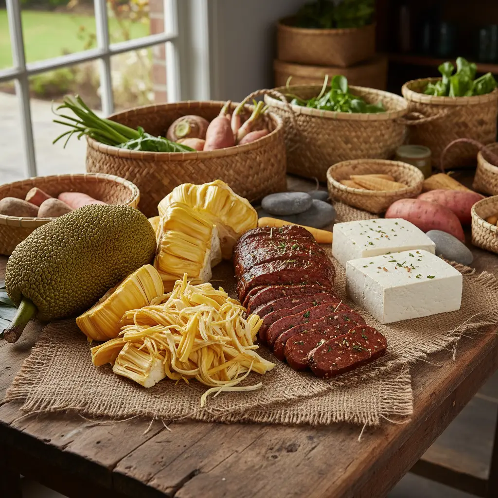 Vegan protein alternatives prepared for earth oven cooking