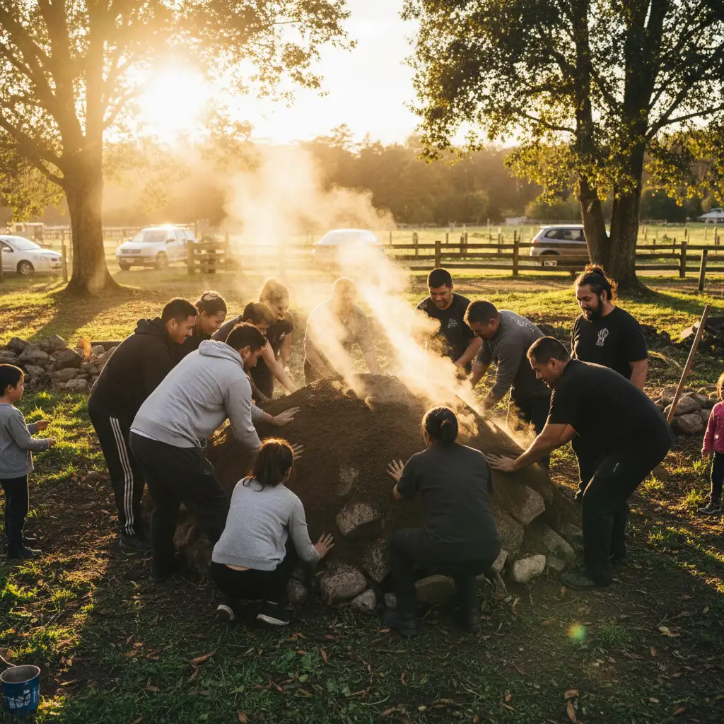 Covering the Hangi pit with earth to trap steam