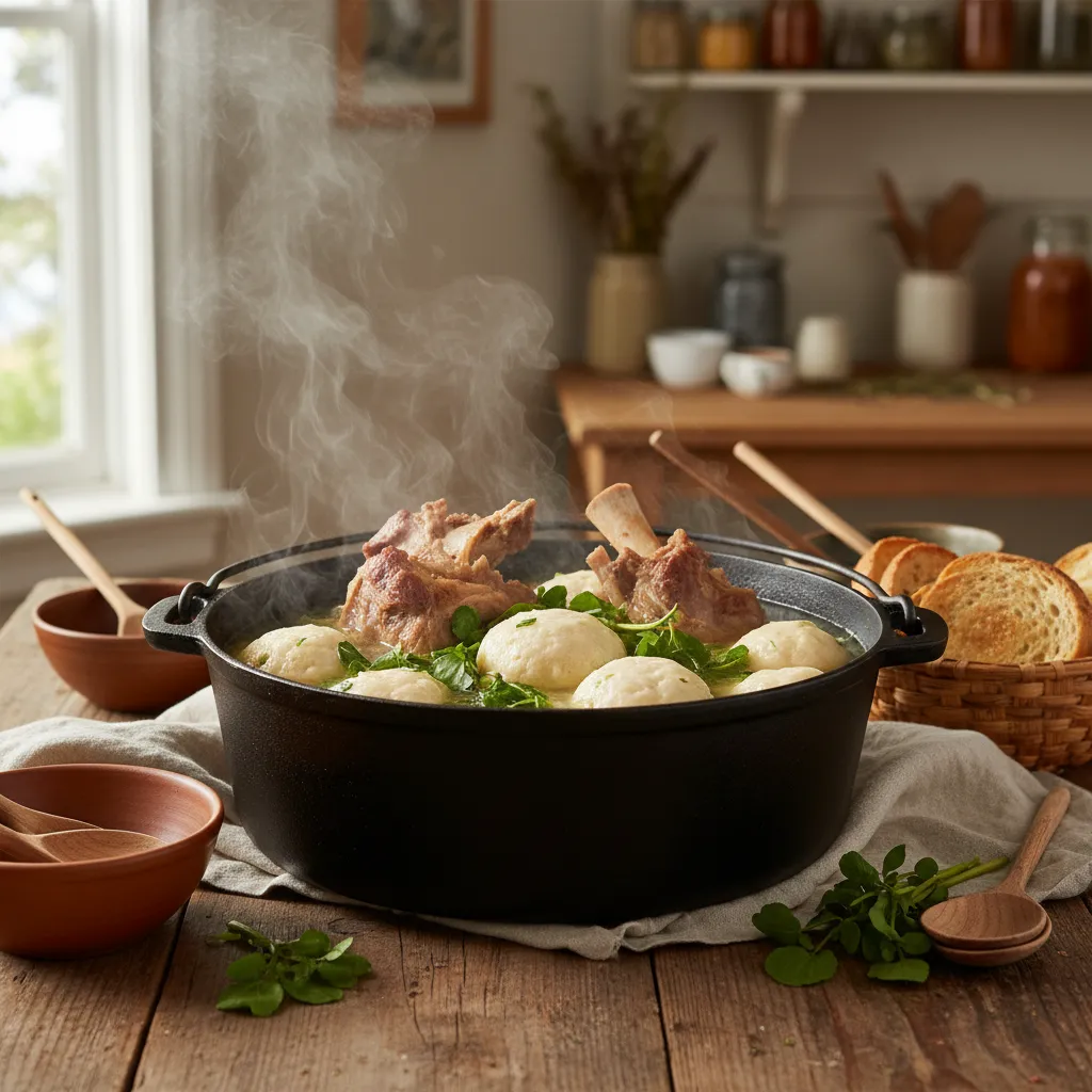 Traditional New Zealand Gluten Free Boil Up with pork bones and greens