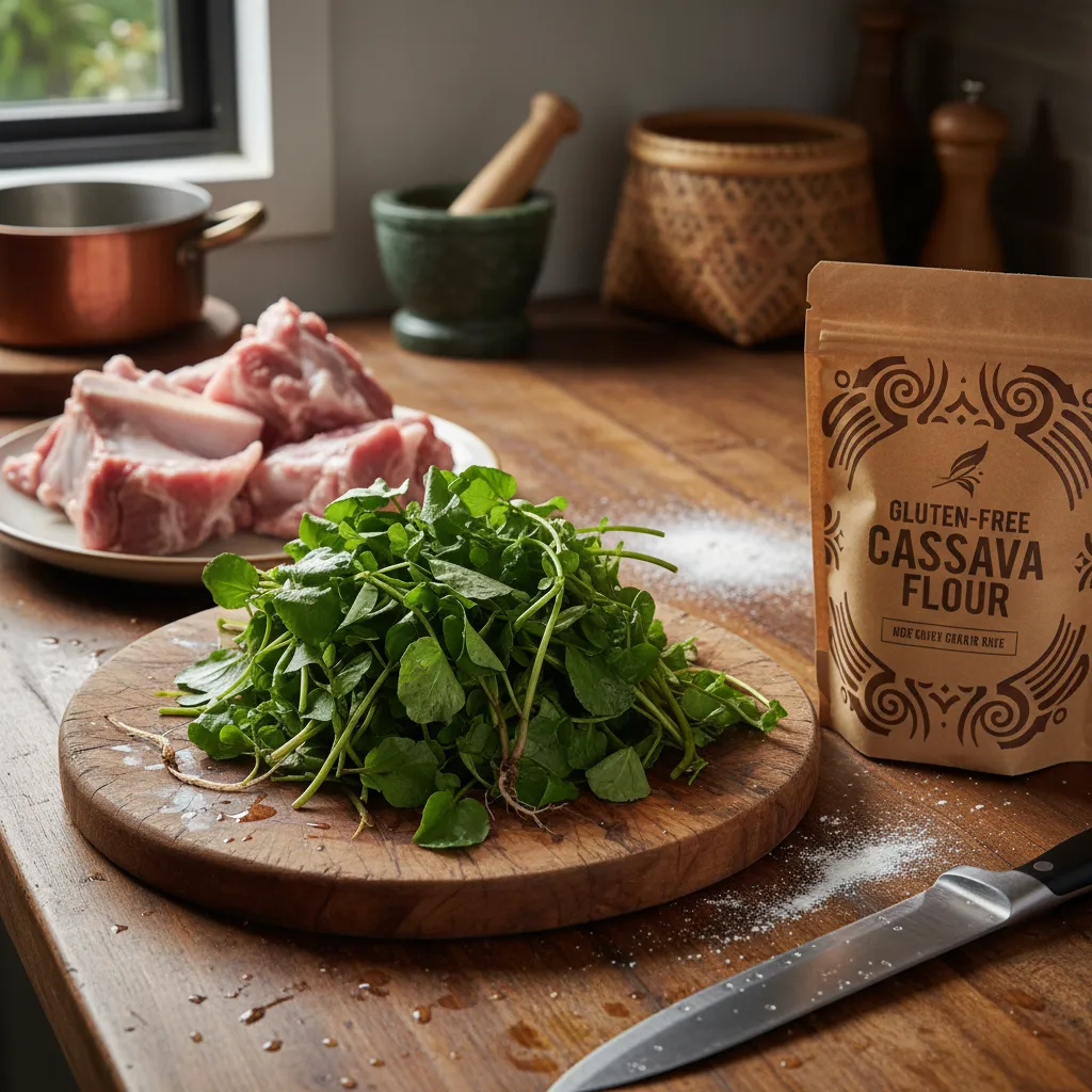 Ingredients for gluten free boil up including fresh greens and pork bones
