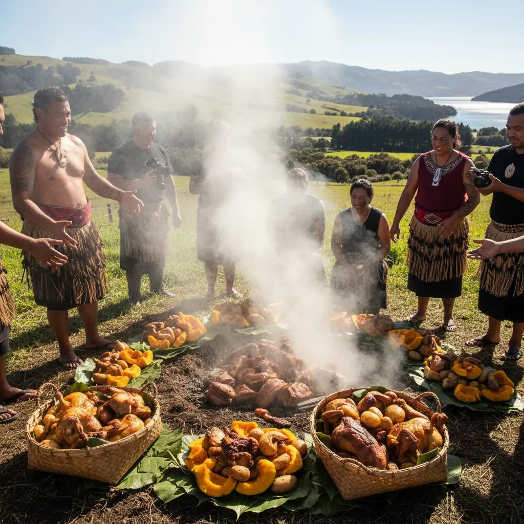 Traditional Hāngī food being served in baskets