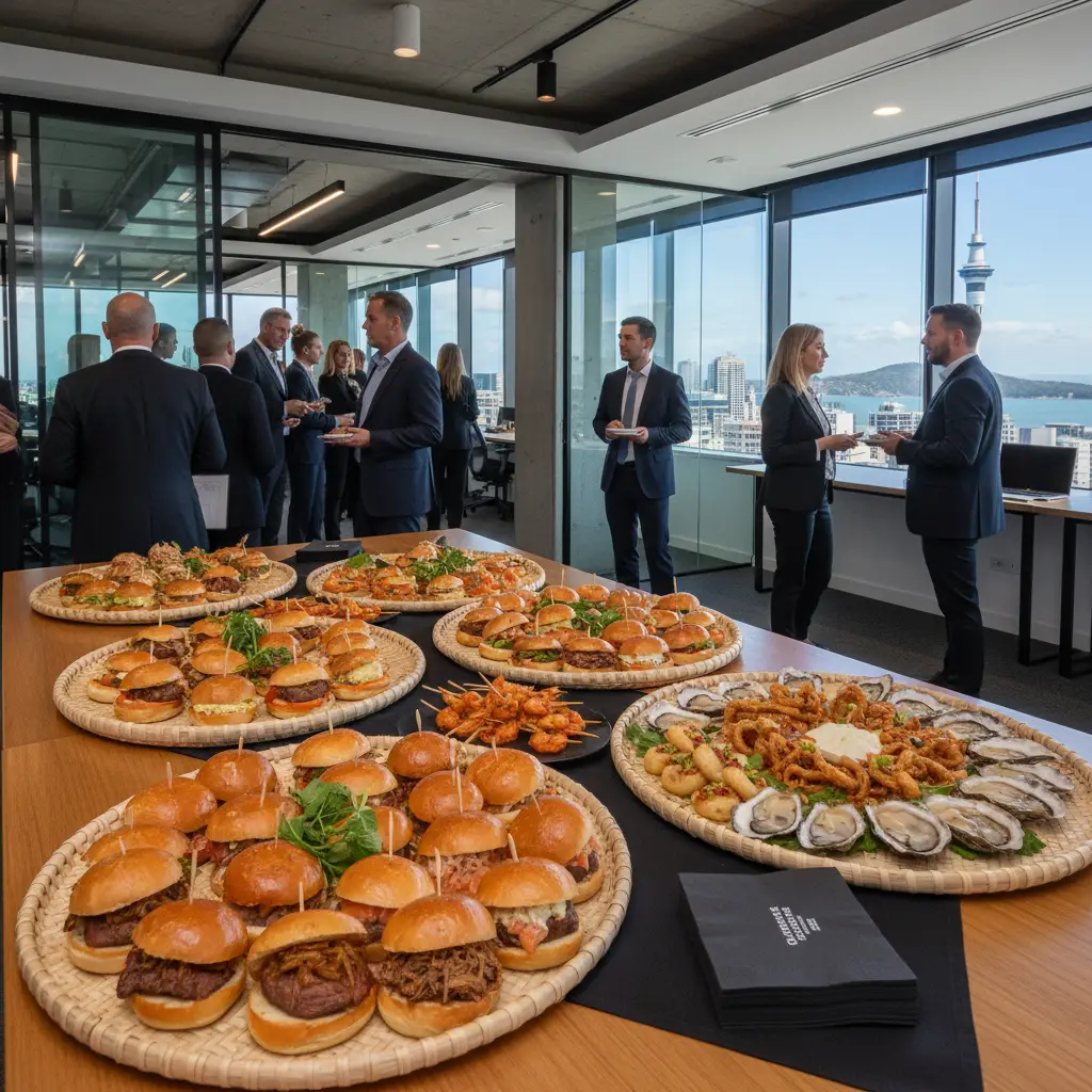Corporate catering setup with Māori woven platters