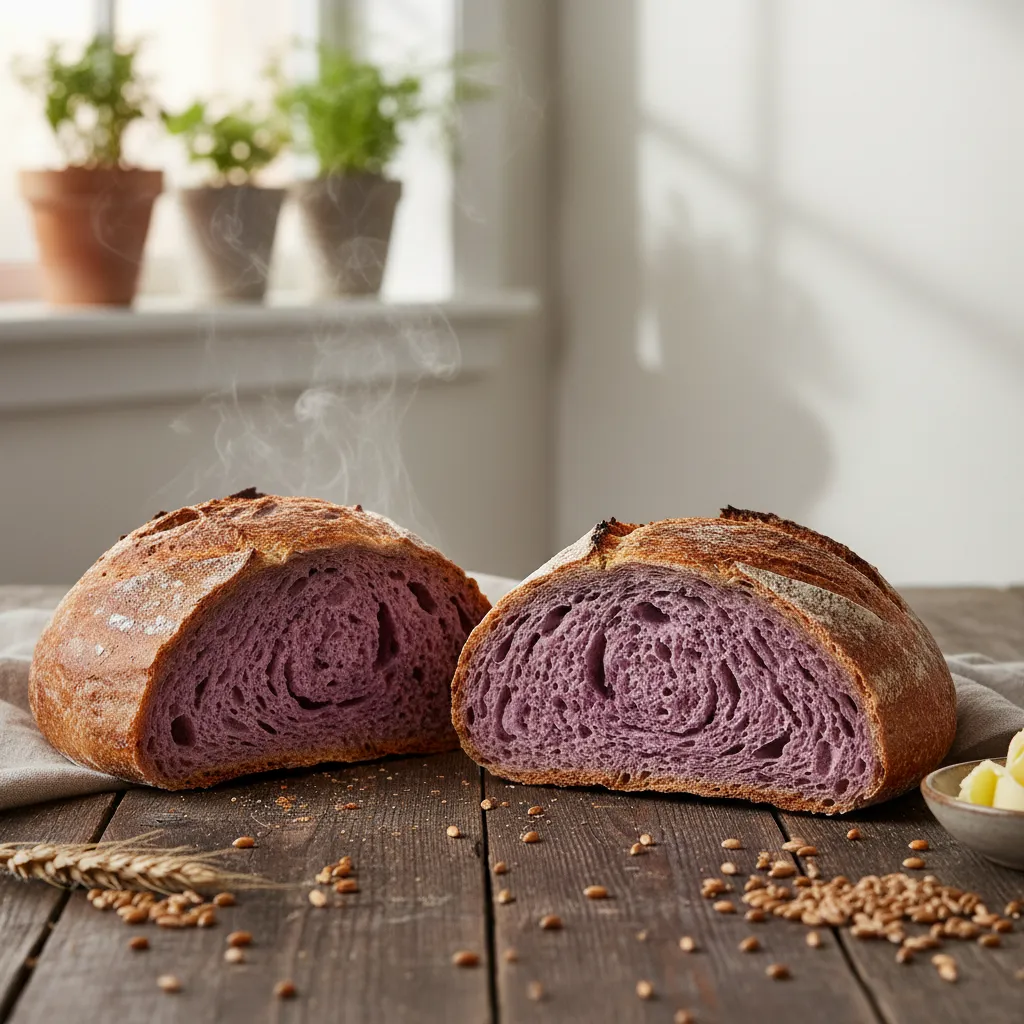 Sliced purple kumara sourdough bread with steam rising