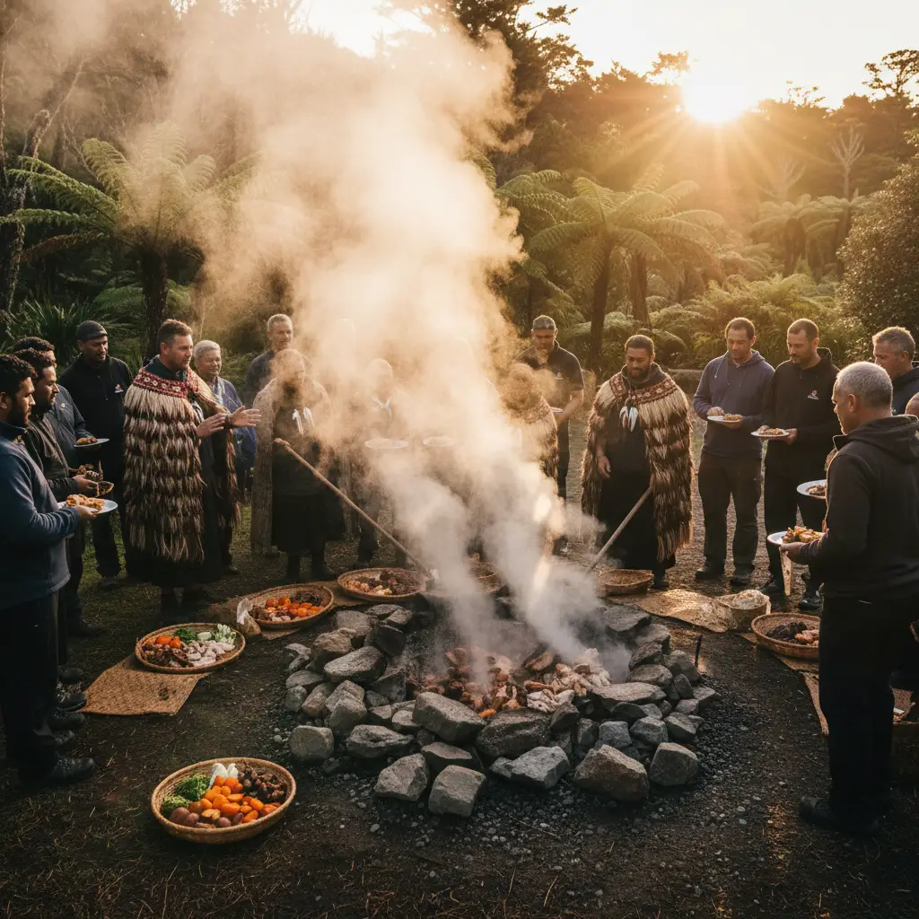 Group gathering around a traditional Hāngī pit during a kai workshop